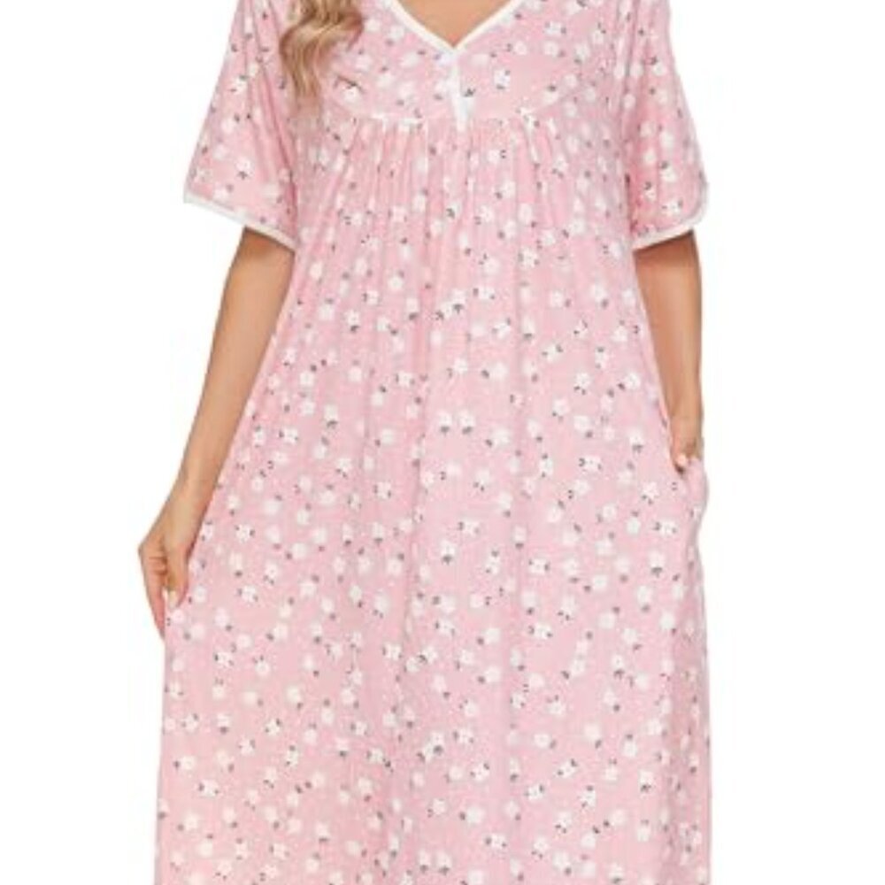 Soft Cotton Nightgown with Pockets, Short Sleeve Sleepwear for Women - Picture 3 of 8